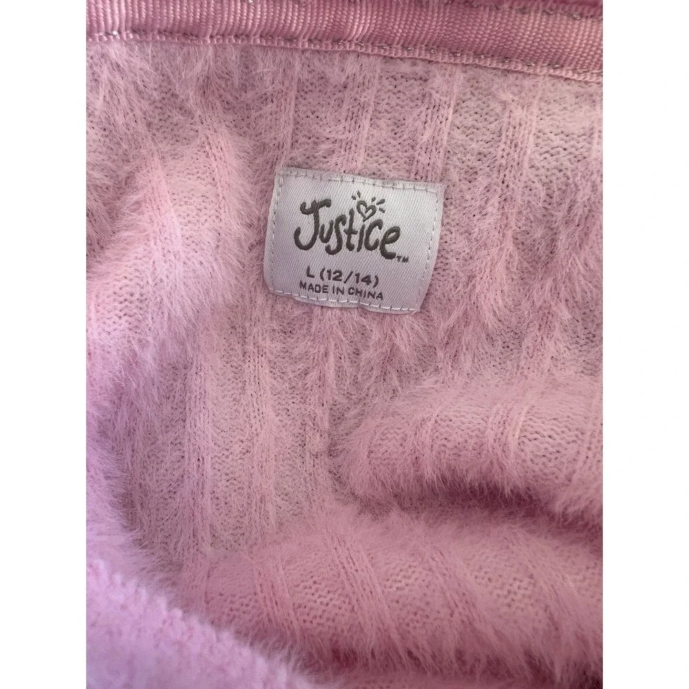 Justice Girls Rose Pink Fuzzy Eyelash Knit Cardigan Sweater Rhinestone Buttons L